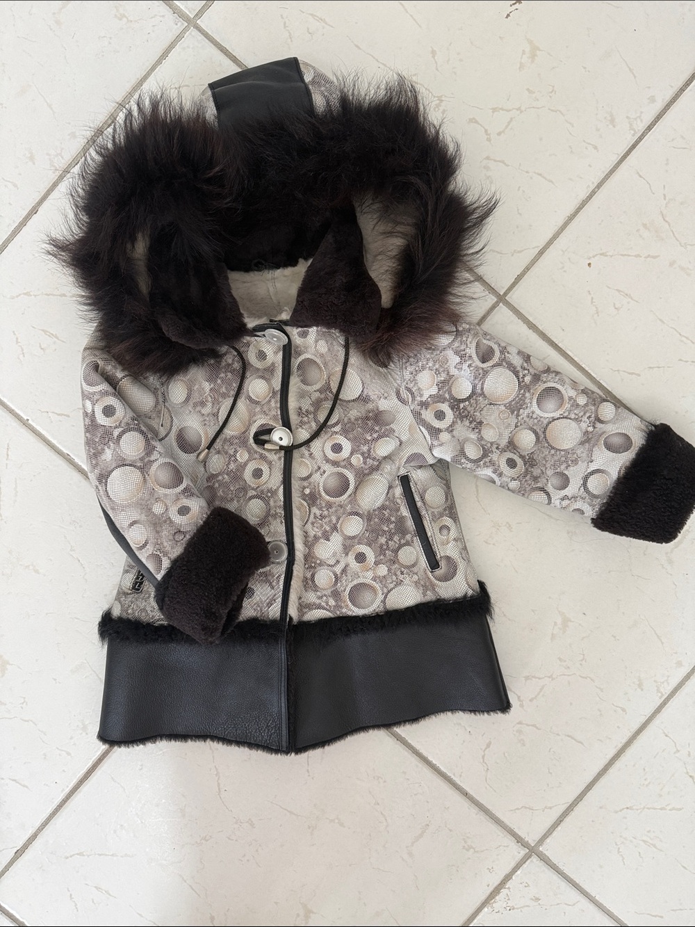 Girls'  Hooded Winter sheepskin Coat - Gray Bubble Print